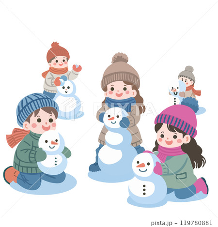 雪遊び : 雪だるまを作る子ども達 119780881