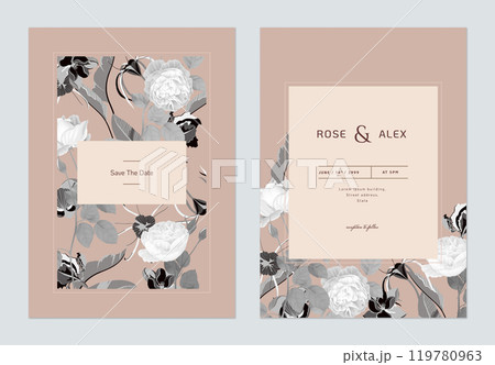 Vintage wedding invitation card template design, various flowers and leaves in light orange and dark grey tones 119780963