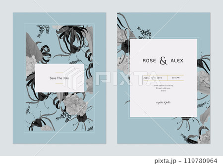 Vintage wedding invitation card template design, various flowers and leaves in blue and dark grey tones Vintage wedding invitation card template design, various flowers and leaves in blue and dark grey tones 119780964