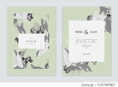 Vintage wedding invitation card template design, various flowers and leaves in green and dark grey tones 119780967