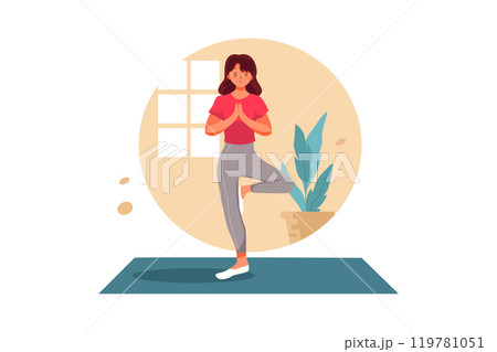 Young girl standing on one leg in yoga. Woman standing on one leg in balance yoga pose Young girl standing on one leg in yoga. Woman standing on one leg in balance yoga pose 119781051