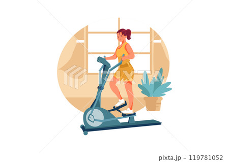Girl works out on stepper machine in room Girl works out on stepper machine in room 119781052