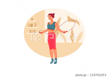 Girl jumps on jump rope in her room 119781053