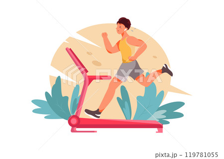 Man works out on treadmill. Sport in room 119781055