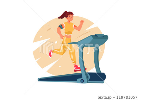 Girl works out on treadmill. Sport in room Girl works out on treadmill. Sport in room 119781057