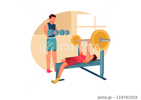 Father and his son do sports together, lifting dumbbells. Coach teaches boy Father and his son do sports together, lifting dumbbells. Coach teaches boy 119781058
