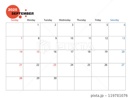 シンプルな2025年カレンダー、9月 119781076
