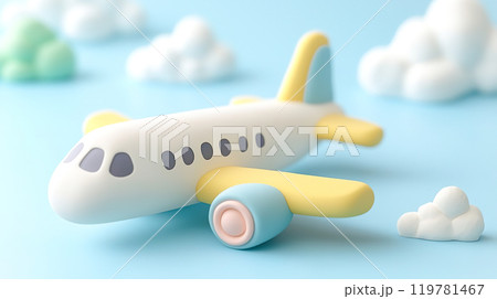 粘土細工風のカラフルで可愛い空を飛ぶ飛行機の3Dイラスト 119781467