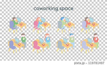 Isometric, illustration set of people working in coworking space 119781497