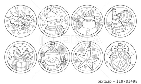 Set of isolated Christmas and New Year label in cute doodle style on transparent background. Volume 2 : Black outline with white plain. 119781498