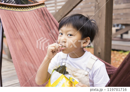 ハンモックに座ってポテトチップスを食べる男の子 ハンモックに座ってポテトチップスを食べる男の子 119781716
