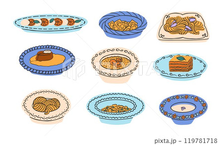 Set of Italian dishes. Pasta, lasagna, risotto, Ossobuco, pizza with mozzarella, gnocchi, ravioli, caprese, tiramisu. Vector illustration in modern style Set of Italian dishes. Pasta, lasagna, risotto, Ossobuco, pizza with mozzarella, gnocchi, ravioli, caprese, tiramisu. Vector illustration in modern style 119781718