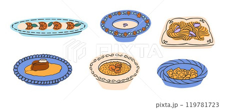 Set of Italian dishes. Pasta, tomatoes with mozzarella, ravioli. Vector illustration in modern style Set of Italian dishes. Pasta, tomatoes with mozzarella, ravioli. Vector illustration in modern style 119781723