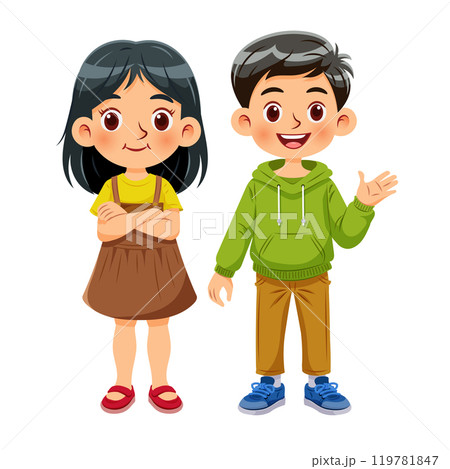 Vector illustration cartoon of a cute boy and a cute girl standing together smiling_03 119781847