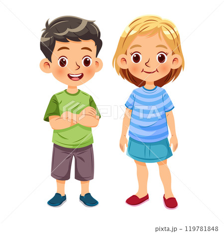 Vector illustration cartoon of a cute boy and a cute girl standing together smiling_04 119781848