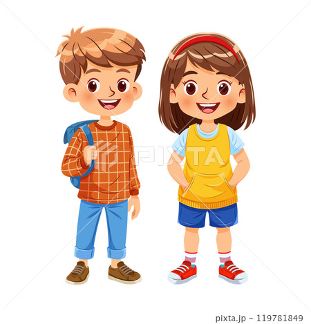 Vector illustration cartoon of a cute boy and a cute girl standing together smiling_05 119781849