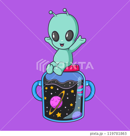 Cute alien sitting on Jar of Galaxy Space Cartoon Vector Icon Illustration. Technology Space Icon Concept Isolated Premium Vector. 119781863