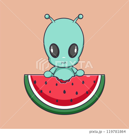 Cute alien eating watermelon Cartoon Vector Icon Illustration. scene food Icon Concept Isolated Premium Vector. Cute alien eating watermelon Cartoon Vector Icon Illustration. scene food Icon Concept Isolated Premium Vector. 119781864