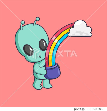 cute alien holding a jug and rainbow coming out of the jug Cartoon Vector Icon Illustration. Scene Nature Icon Concept Isolated Premium Vector. 119781866