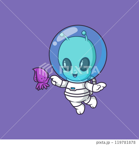cute alien diving and playing with sea jellyfish Cartoon Vector Icon Illustration. Scene sealife Icon Concept Isolated Premium Vector 119781878