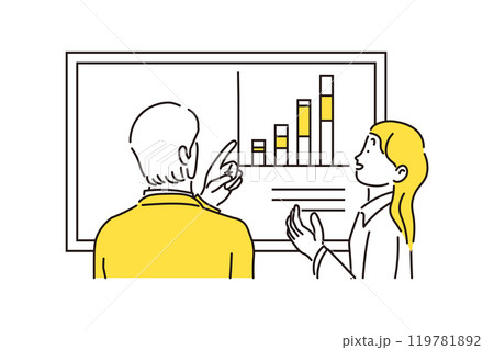 笑顔で話し合う2人のビジネスマンがミーティングをしているシンプルなイラスト素材 笑顔で話し合う2人のビジネスマンがミーティングをしているシンプルなイラスト素材 119781892