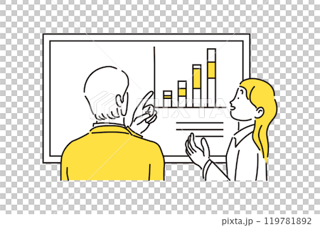 笑顔で話し合う2人のビジネスマンがミーティングをしているシンプルなイラスト素材 笑顔で話し合う2人のビジネスマンがミーティングをしているシンプルなイラスト素材 119781892