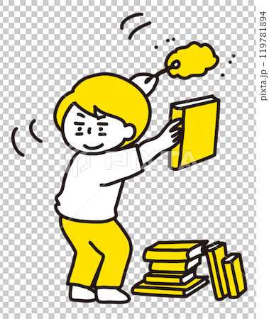 一位女士正在努力整理書架並清除灰塵（2C） 119781894