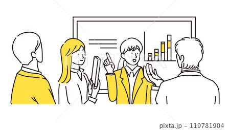 笑顔で話し合う4人のビジネスマンがミーティングをしているシンプルなイラスト素材 119781904