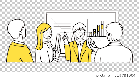 笑顔で話し合う4人のビジネスマンがミーティングをしているシンプルなイラスト素材 119781904
