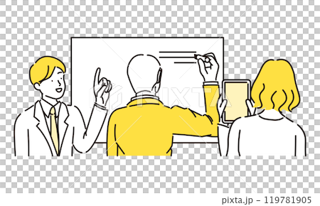 笑顔で話し合う3人のビジネスマンがミーティングをしているシンプルなイラスト素材 笑顔で話し合う3人のビジネスマンがミーティングをしているシンプルなイラスト素材 119781905