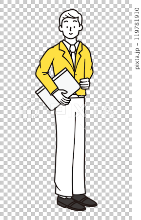 A simple full-body illustration of a smiling businessman holding a laptop 119781910