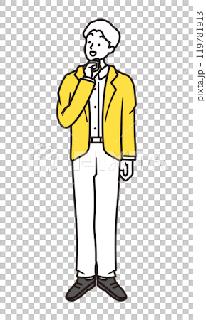 笑顔でアイデアを考えるビジネスマンのシンプルな全身イラスト素材 119781913