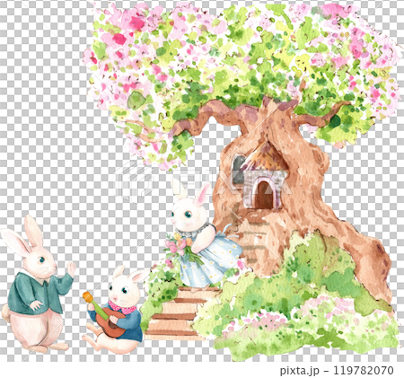 Parent and baby rabbits walk out of the tree house., hand-drawn watercolor painting illustration 119782070