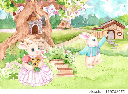 A pair of rabbits are in the front garden. The girl rabbit is holding a bouquet of flowers. The boy rabbit is running., hand-drawn watercolor painting illustration 119782075