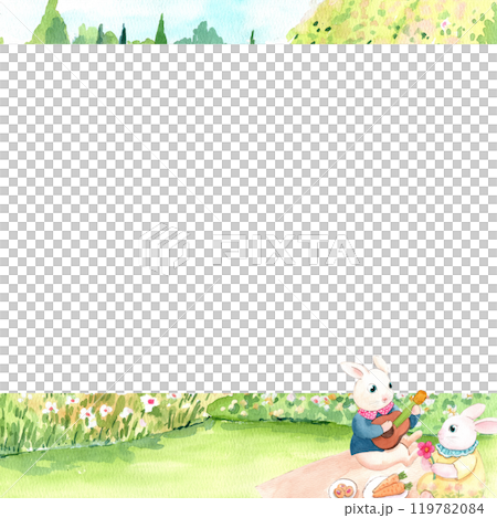 Two rabbits are having a picnic in a colorful flower garden., hand-drawn watercolor frame design Two rabbits are having a picnic in a colorful flower garden., hand-drawn watercolor frame design 119782084
