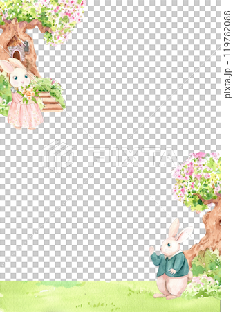 A male rabbit stands waving to a female rabbit holding a bouquet of flowers., hand-drawn watercolor frame design A male rabbit stands waving to a female rabbit holding a bouquet of flowers., hand-drawn watercolor frame design 119782088