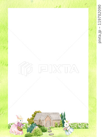 Mother and baby rabbits pick flowers in the front yard., hand-drawn watercolor frame design Mother and baby rabbits pick flowers in the front yard., hand-drawn watercolor frame design 119782090