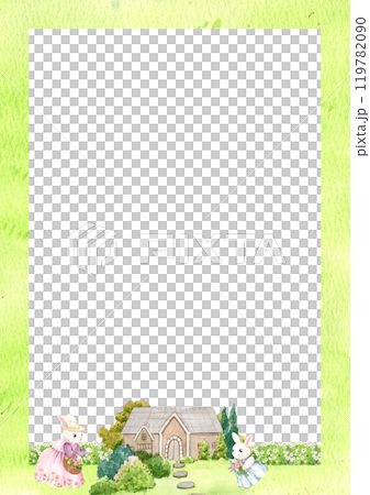 Mother and baby rabbits pick flowers in the front yard., hand-drawn watercolor frame design Mother and baby rabbits pick flowers in the front yard., hand-drawn watercolor frame design 119782090