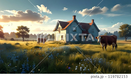 View of a rural cattle farm  119782153