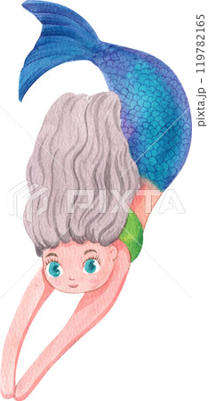 White-haired mermaid swimming Cartoon Character, Watercolor Hand-drawn Illustration 119782165