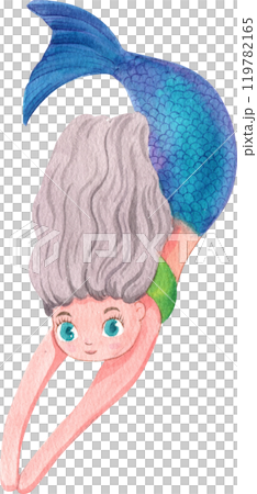 White-haired mermaid swimming Cartoon Character, Watercolor Hand-drawn Illustration 119782165