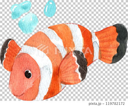 Red Clownfish Cartoon Marine Animals, Watercolor Hand-drawn Illustration 119782172