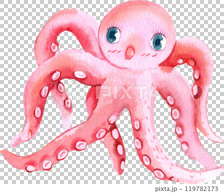 Pink-red Octopus Cartoon Marine Animals, Watercolor Hand-drawn Illustration 119782173