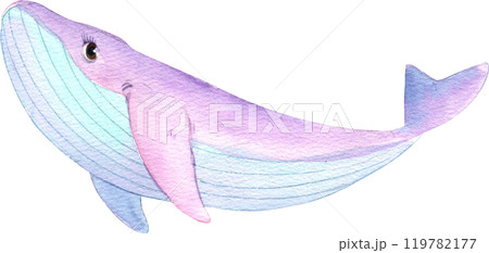 Pink Whale Cartoon Marine Animals, Watercolor Hand-drawn Illustration 119782177