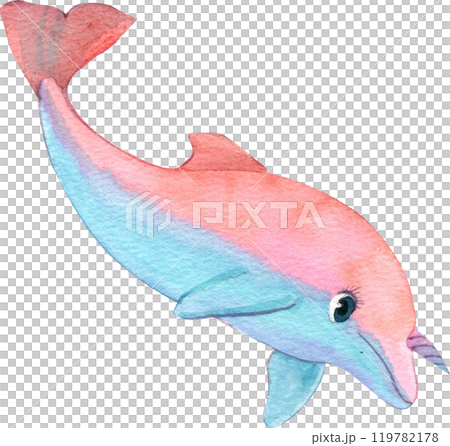 Red Dolphi Cartoon Marine Animals, Watercolor Hand-drawn Illustration 119782178