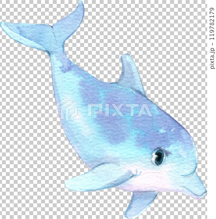 Blue Dolphin Cartoon Marine Animals Watercolor Hand-drawn Illustration 119782179