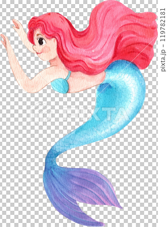 Red-haired mermaid swimming Cartoon Character, Watercolor Hand-drawn Illustration 119782181