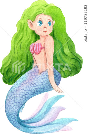 Green-haired mermaid swimming Cartoon Character, Watercolor Hand-drawn Illustration 119782192