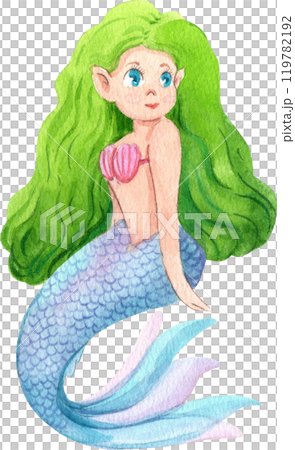 Green-haired mermaid swimming Cartoon Character, Watercolor Hand-drawn Illustration 119782192