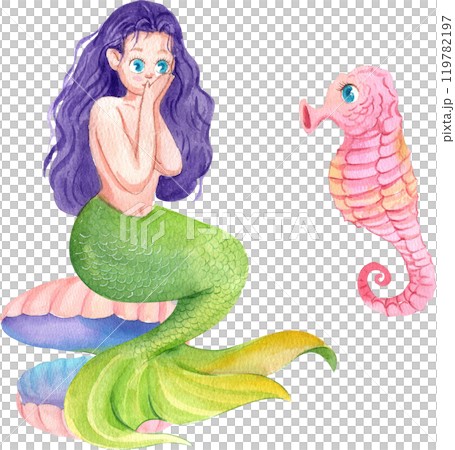 Mermaid sitting on a jellyfish, a seashell with a pearl and a seahorse, Watercolor Hand-drawn Illustration 119782197